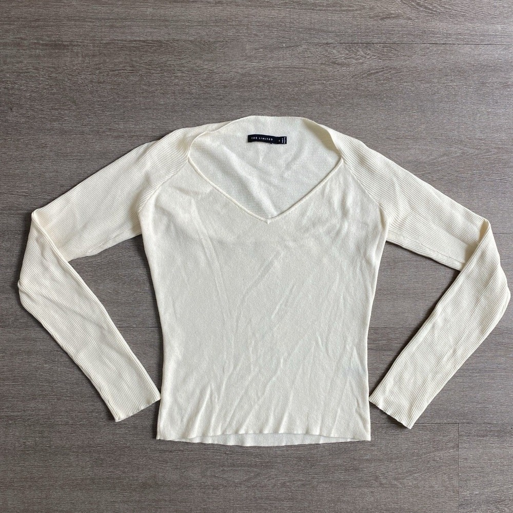The Limited Cream Ribbed Long Sleeve V Neck Top Minimalist Staple Small 1354